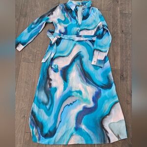 Maternity Dress: Blue Marble-Print Shirt Dress with Tie Belt